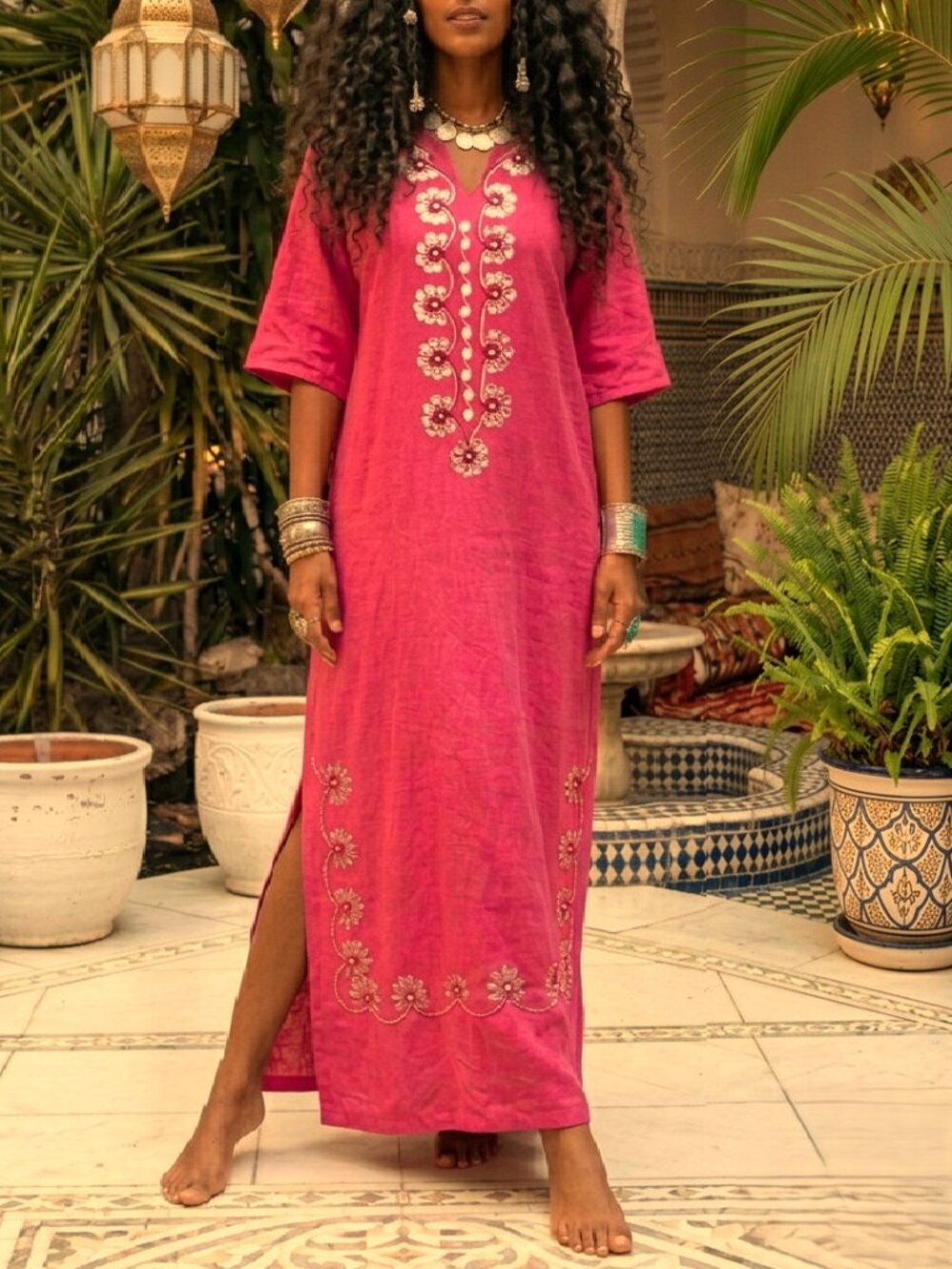 Coral Moroccan Caftan w/ Silver Floral Embroidery